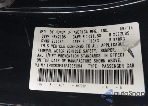 2015 Honda Accord Sedan Touring из США, поврежденный, VIN 1HGCR3F91FA035094